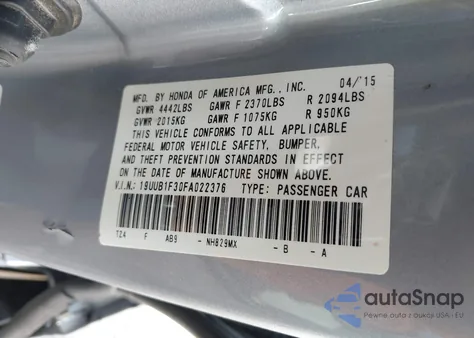 2015 Acura Tlx z USA, uszkodzony, nr VIN 19UUB1F30FA022376